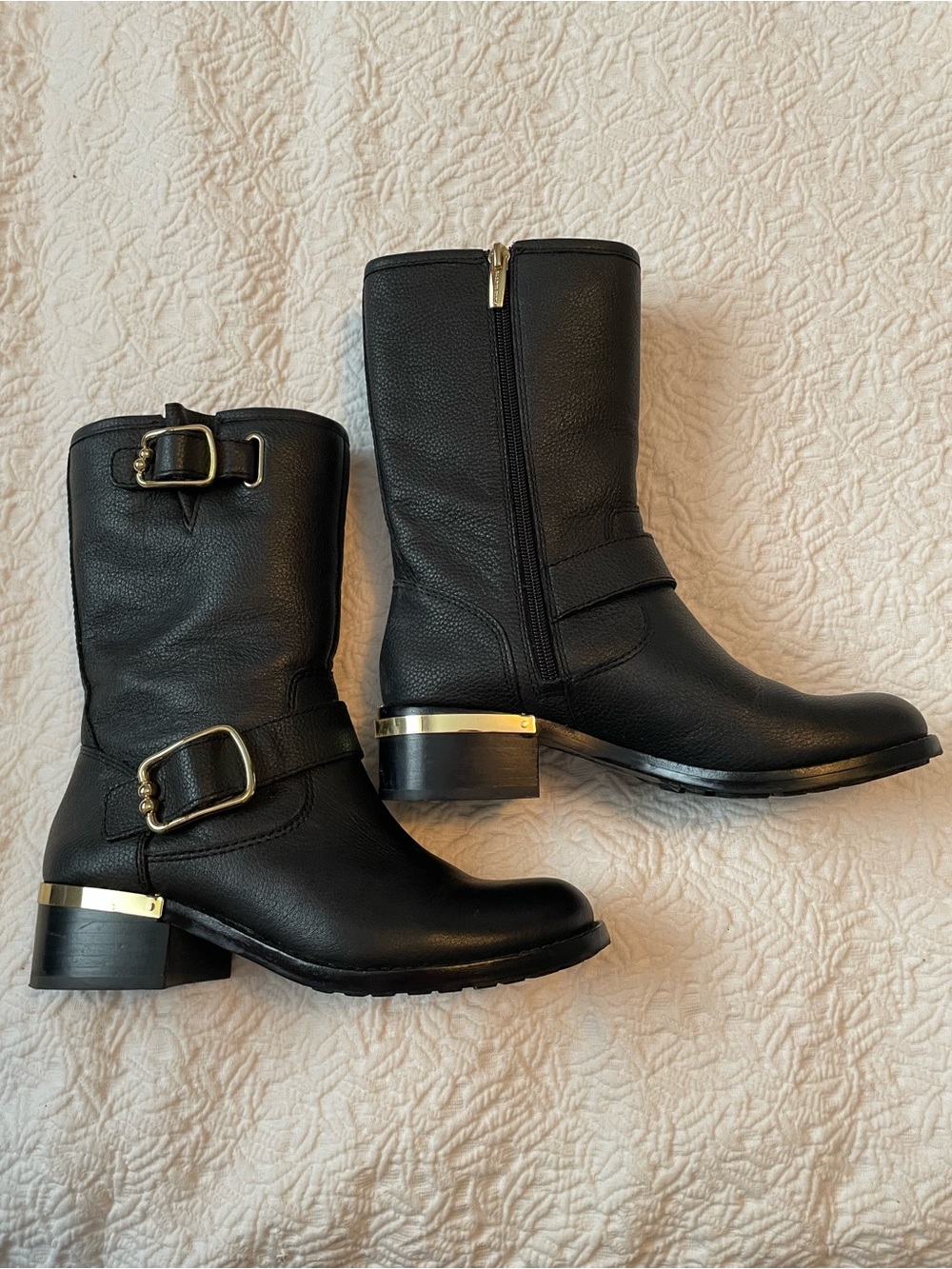 Vince Camuto Black Leather Mid-Calf Moto Boot with Gold Accent - Women's 7
